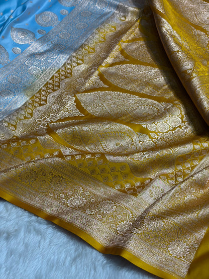 Sky blue with Mustard Booti Satin Katan Silk saree SK29