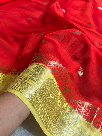 Banarasi Red With Lemon Contrast Shade Flower Boota Pure Caramel Mango Silk Saree CS-18