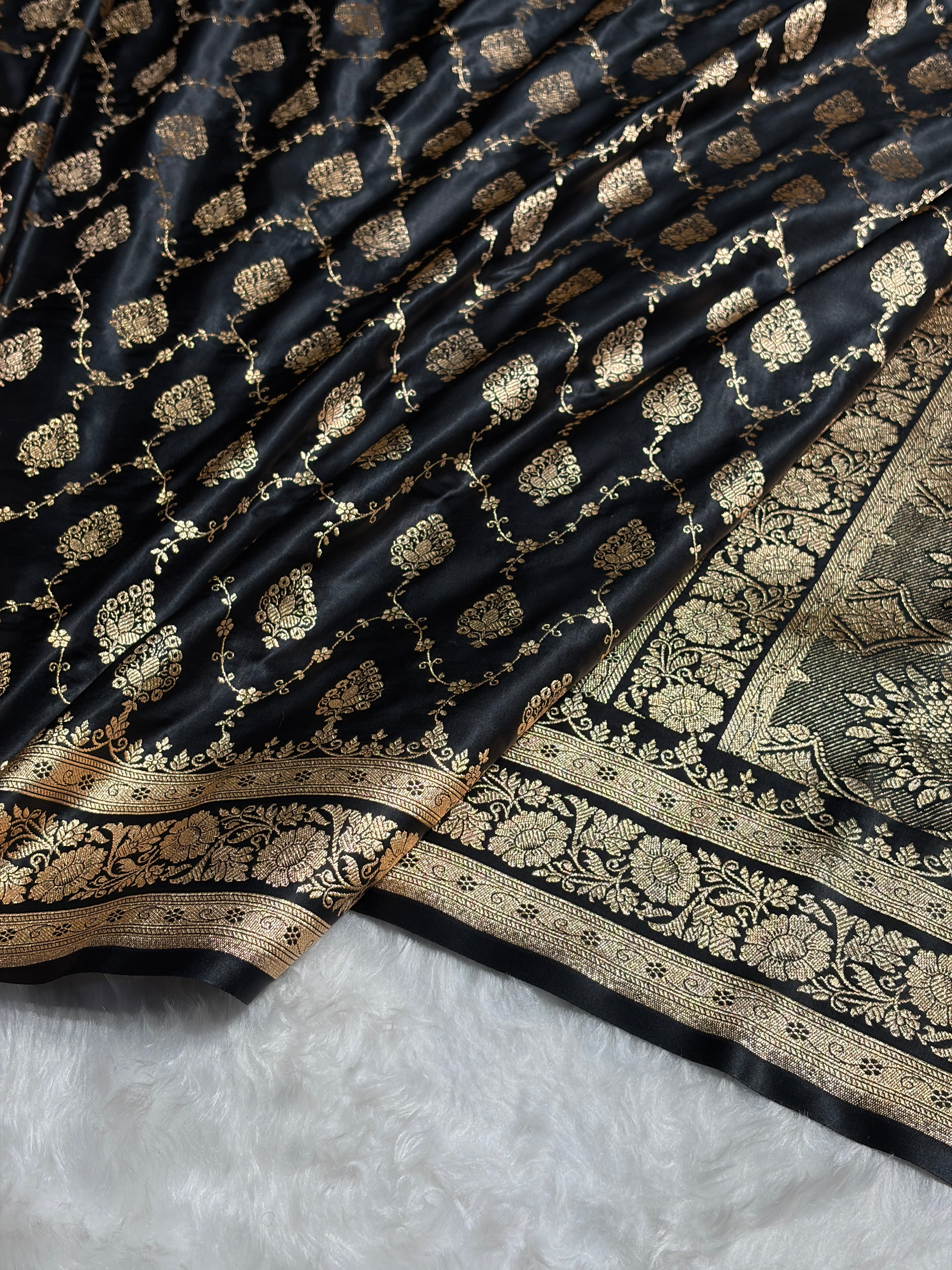 Black Floral Jaal Pattern Satin Katan Silk saree SK42