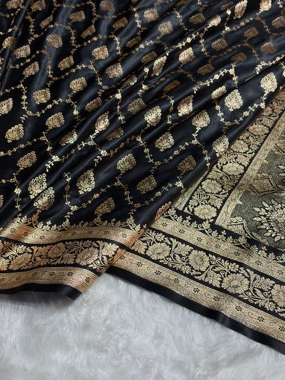 Black Floral Jaal Pattern Satin Katan Silk saree SK42