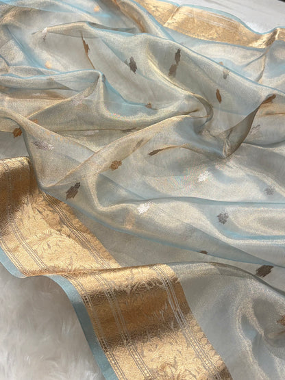 Sea Green Bananasi Floral Shades Pure Tissue Silk Saree PT-52