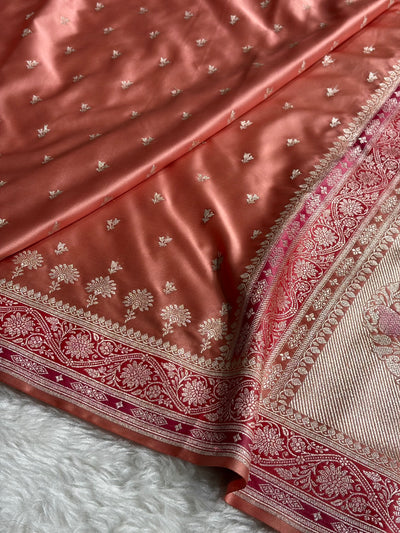 Banarasi Peach Shades Minakari Booti Mashru Silk Saree MCS72