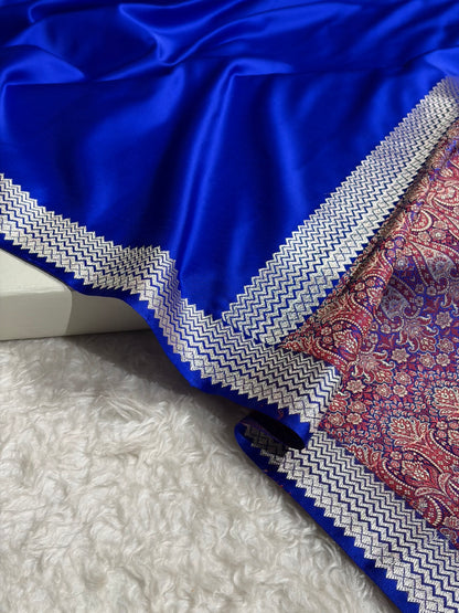 Premium Banarasi Satin Katan Saree Plain With Tanchoi Blouse in Royal Blue Shades SK129