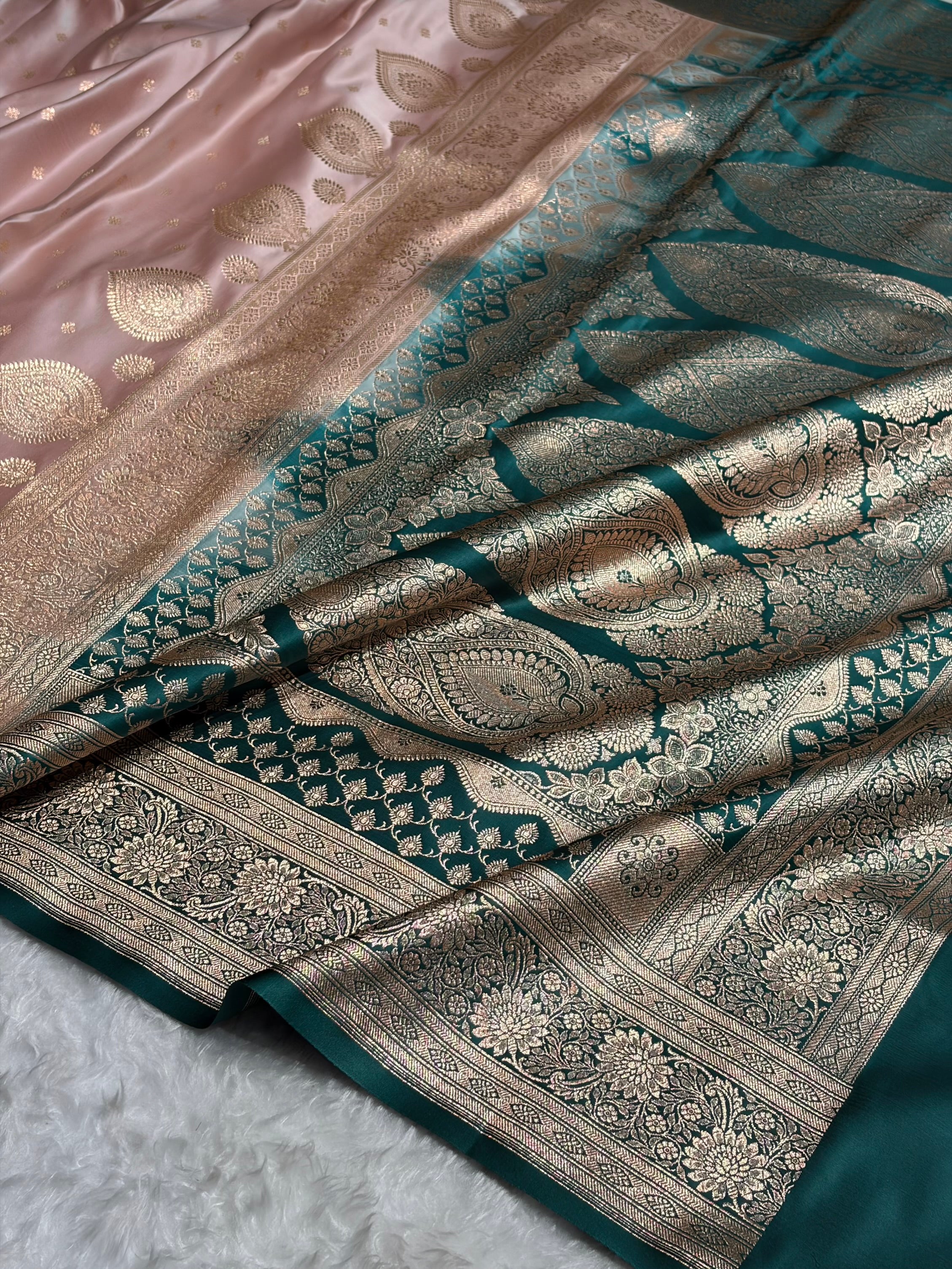 Rose Gold with Rama Booti Satin Katan Silk saree SK29