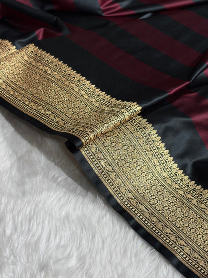 Dark Garnet With Black Horizontal Strips Floral Border & Brocade Blouse Mashru Silk Saree MSM-84