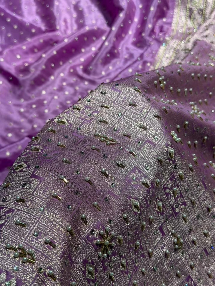 Lavender Shades Border Crepe Silky Katan With Ari Zardozi & Gotta Patti Work  Banarasi Saree BCSKGP-06