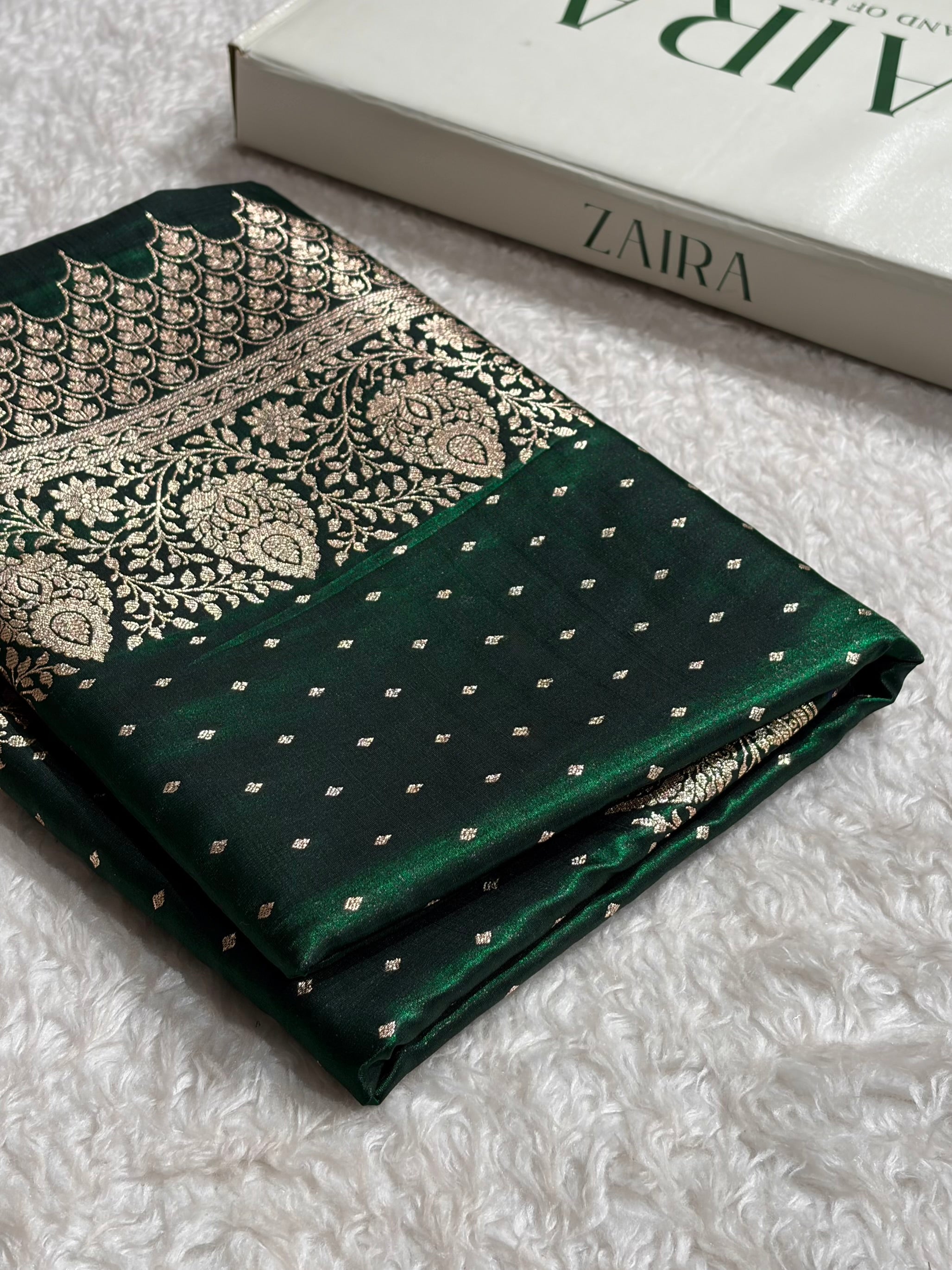 Satin Silk Saree Floral Boota in Bottle Green Shades SS28
