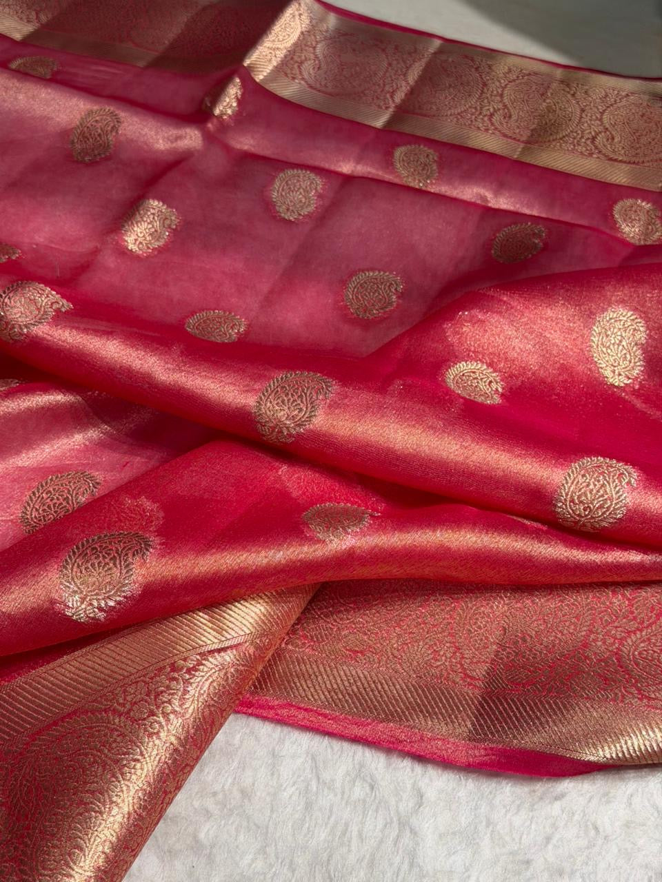 Pastel Pink Floral Shades Pure Tissue Kora Silk Saree TKC-01