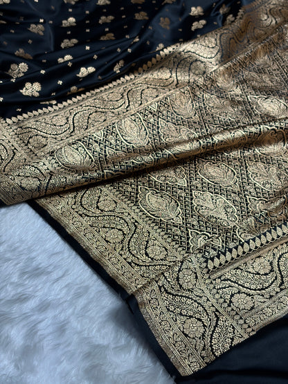 Banarasi Black Floral Unique Boota Pattern Satin Katan Silk Saree SK73
