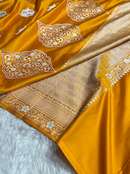 Premium Banarasi Satin Katan Saree Minakari Booti Pattern in Mustard Gold Shades SK138