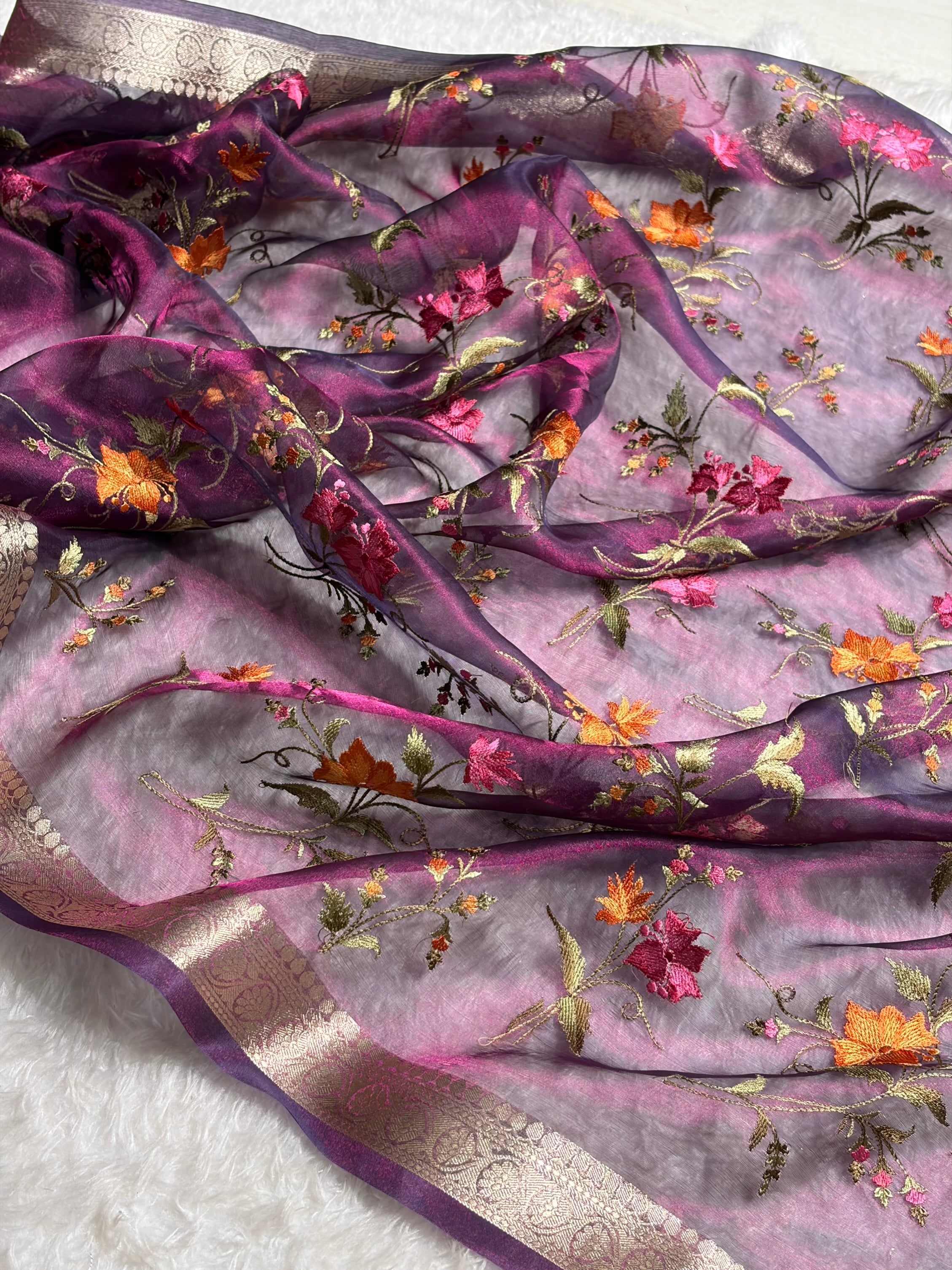 Wine Shades With Floral Embroidered Pure Tissue Silk Saree with Brocade Blouse PTE-09