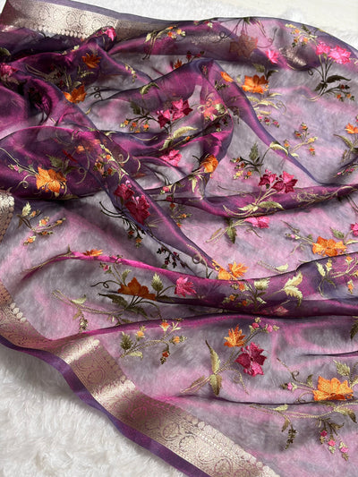 Wine Shades With Floral Embroidered Pure Tissue Silk Saree with Brocade Blouse PTE-09