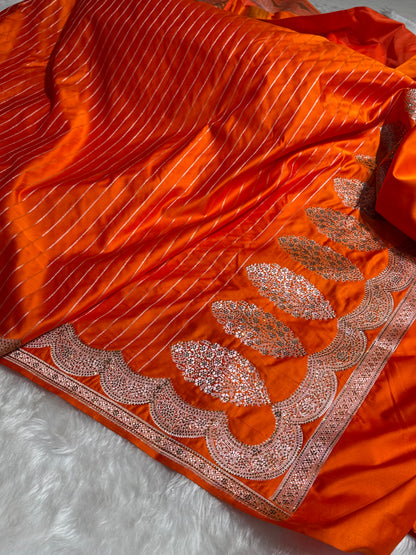 Orange Scallop Stripe Mashru Silk with Swarovski work