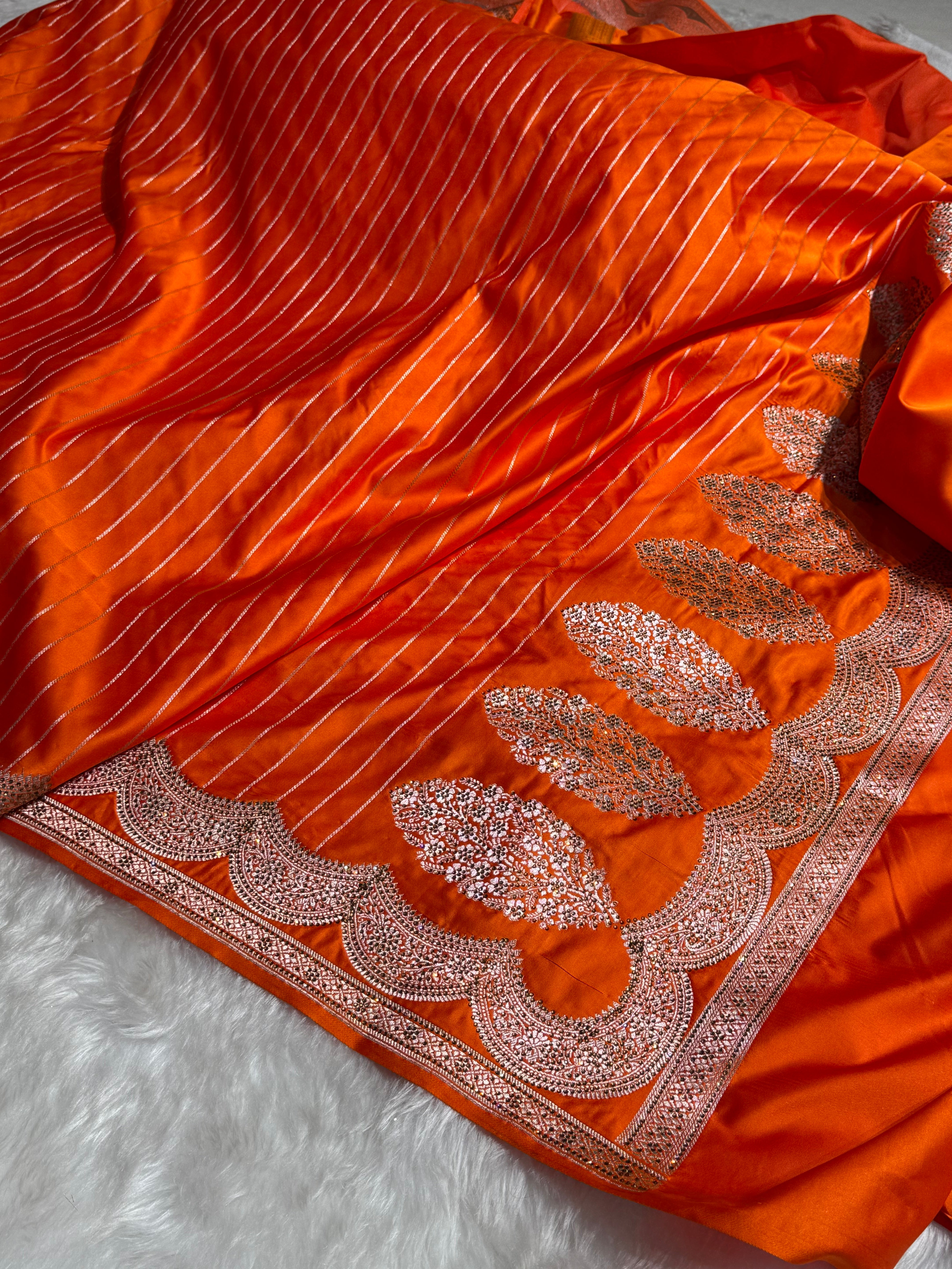 Orange Scallop Stripe Mashru Silk with Swarovski work