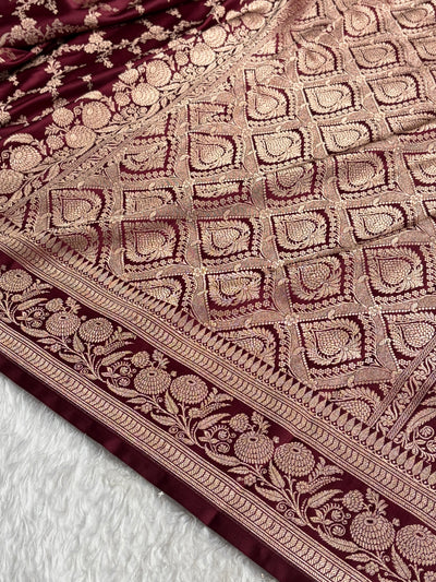 Banarasi Satin Katan Saree With Jaal Pattern In Garnet Shades SK122