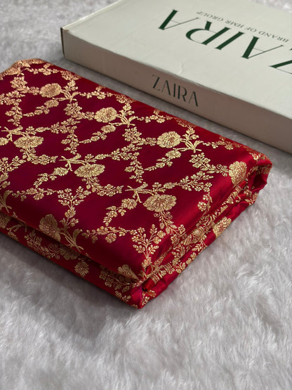 Reddish Magenta Shades Jaal Floral Pattern Satin Katan Silk Saree SK80