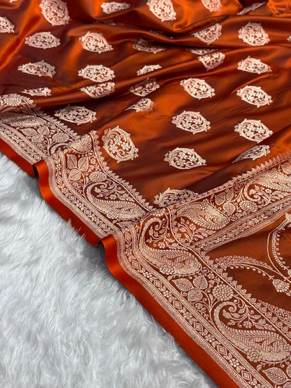 Rust Shades Banarasi Boota Pattern Floral Mashru Silk Saree MSM-104