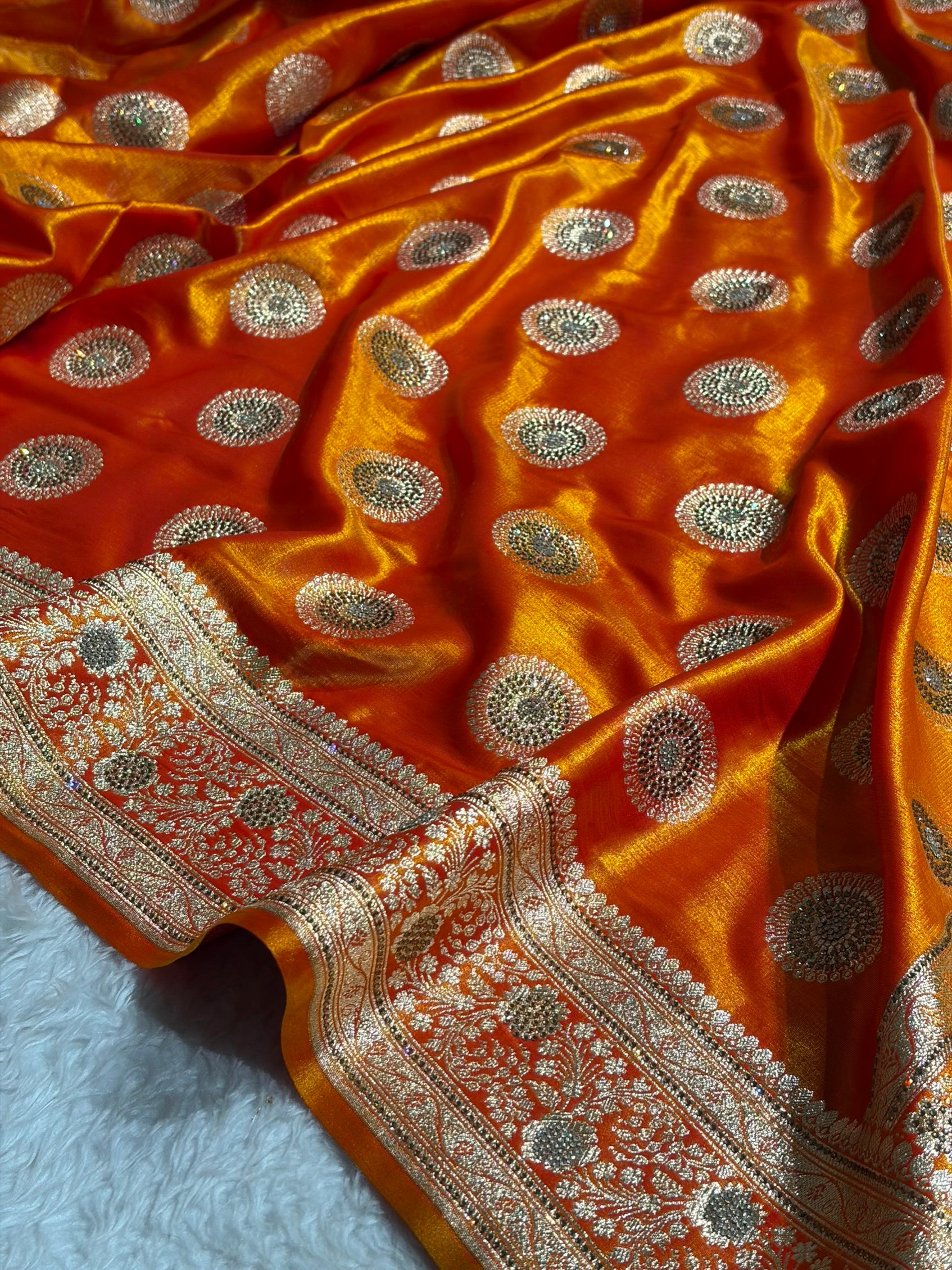 Fire Gold Shades Banarasi With Swarovski Stone Work Satin Silk Saree BSS33