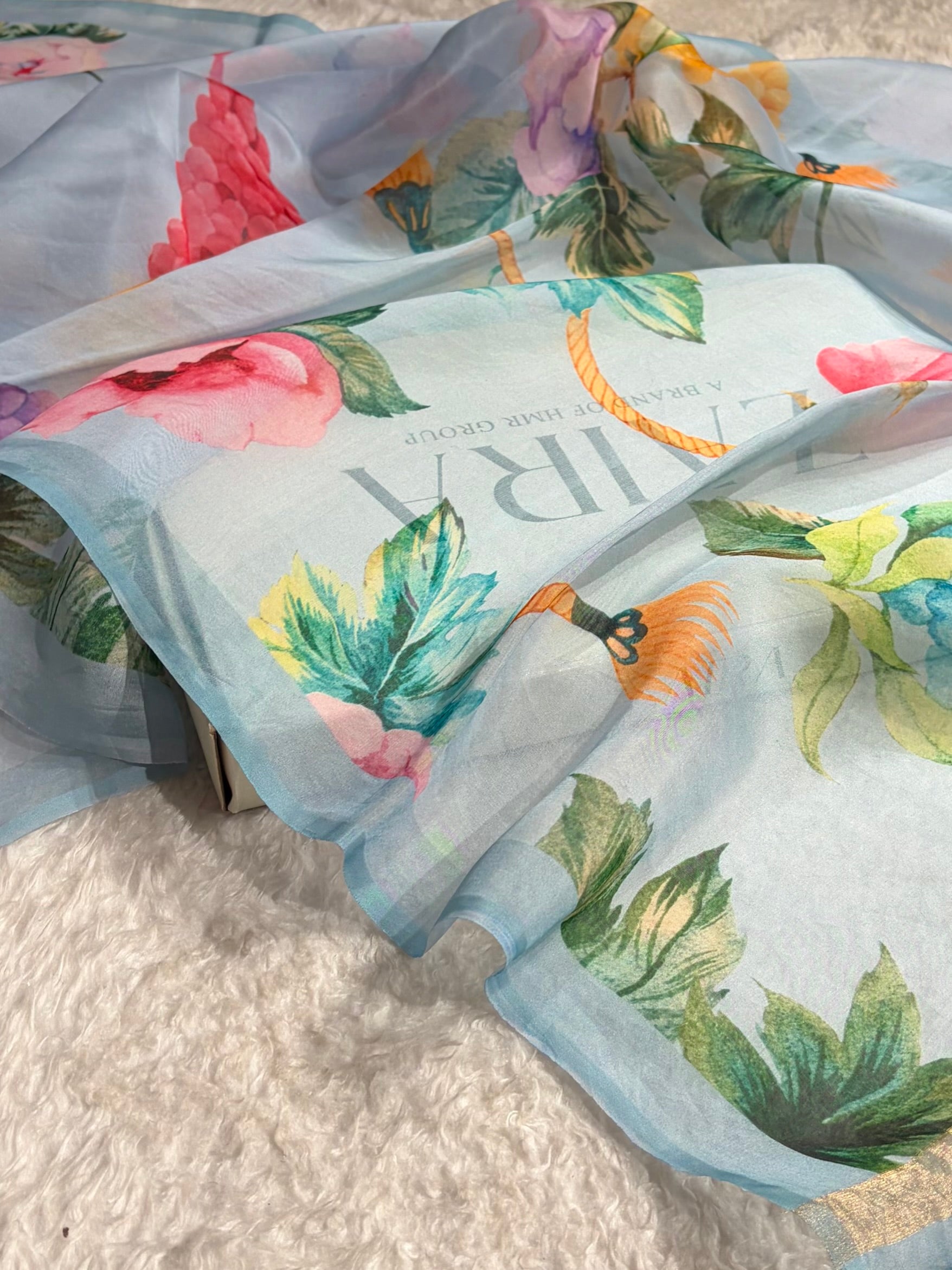 Sky Blue Organza with Pastel Multicolor Florals POP08