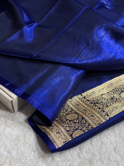 Royal Blue Shades Cross Pattern Banarasi Satin Silk Saree SS39