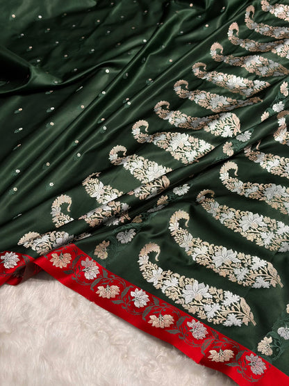 Contrast Bottle Green With Red Floral Boota With Floral Border Mashru Silk Saree MSM 78