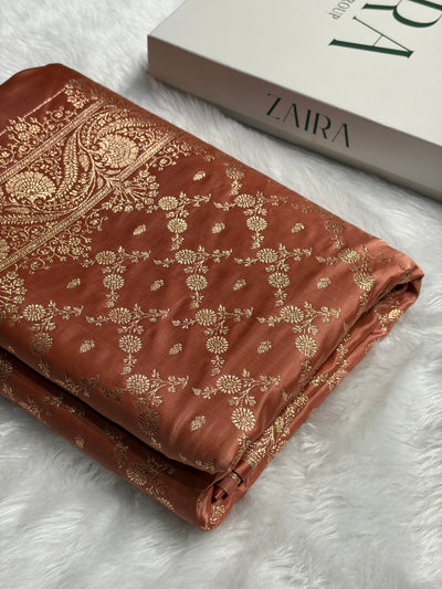 Banarasi Satin Katan Saree Jaal Pattern In Dusty Peach Shades SK133