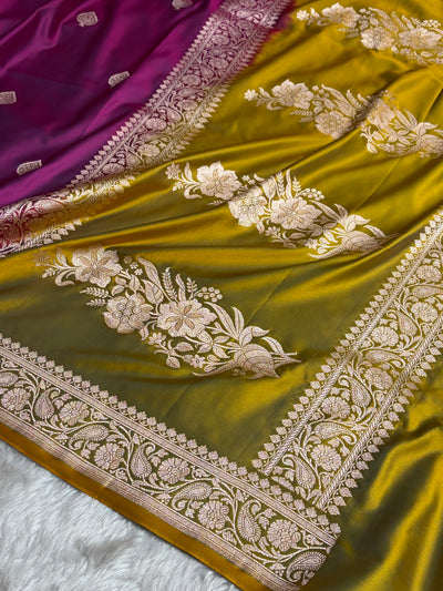 Contrast Wine / Mustard Shades Banarasi Booti Pattern Mashru Silk Saree MSM-140