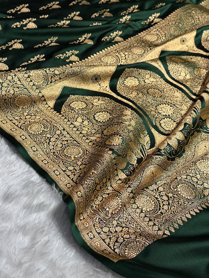 Banarasi Satin Katan Saree With Boota in Bottle Green Shades SK100