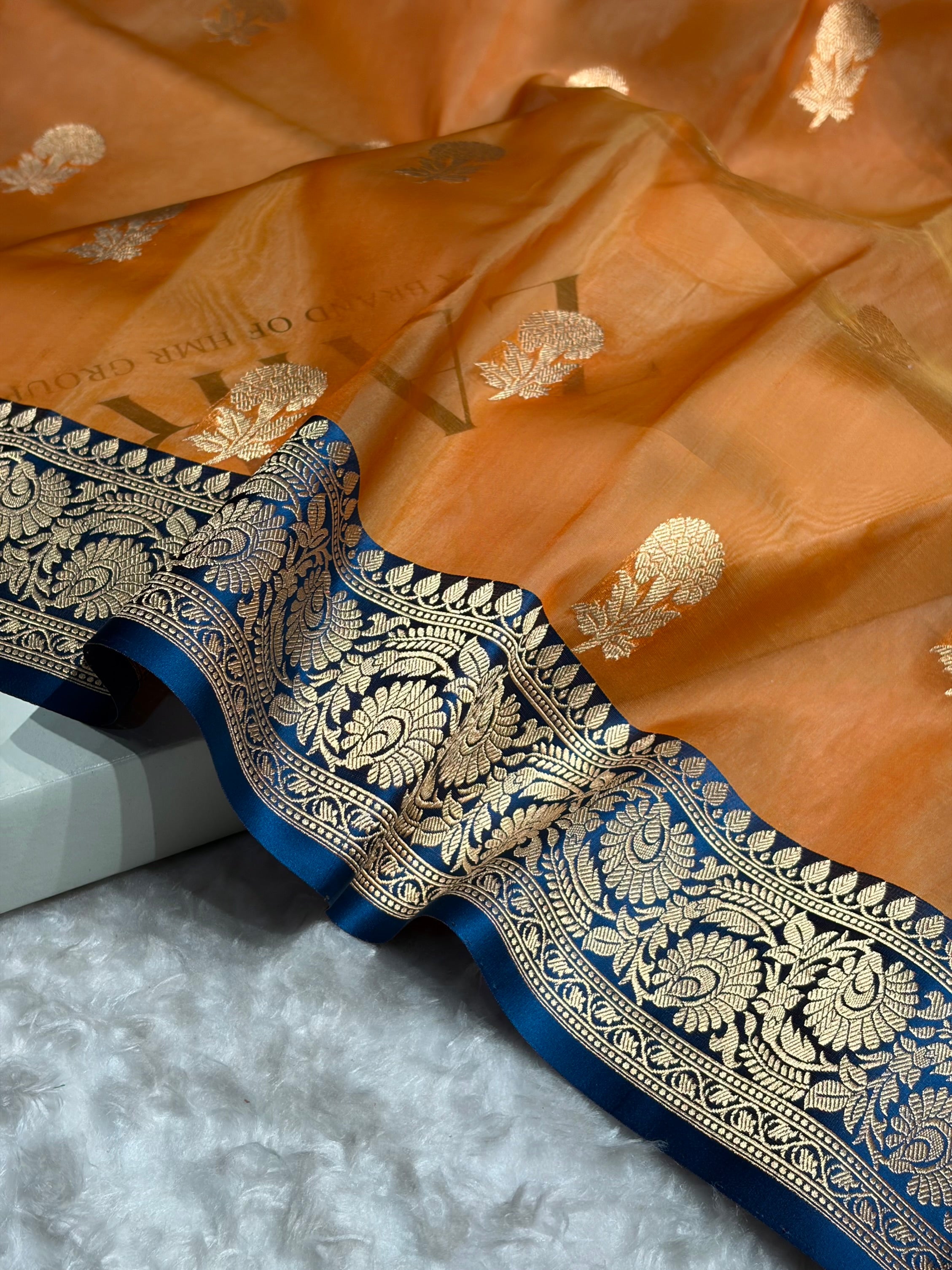 Contrast Banarasi Pure Organza Orange With Royal Blue Floral Banarasi Silk Saree PO-09