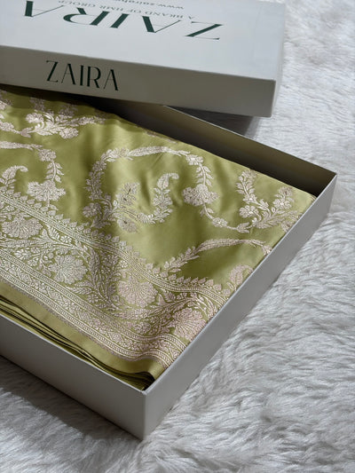 Pista Shades Banarasi With Floral Jaal Pattern Mashru Silk Saree MSM-132
