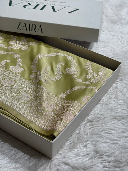 Pista Shades Banarasi With Floral Jaal Pattern Mashru Silk Saree MSM-132