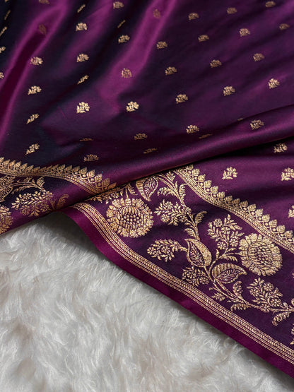 Wine Shades Floral Pattern Satin Katan Silk Saree SK77