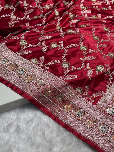 Banarasi Maroon Minakari Mashru Silk Saree with Ari and Mooti work BMCS23