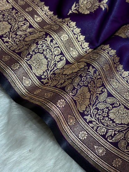 Satin Silk Saree Floral Boota in Dark Purple Shades SS26