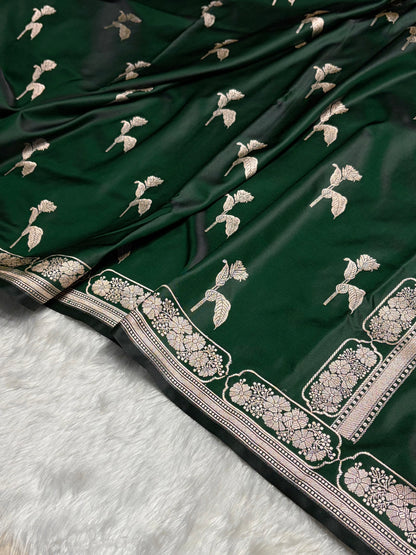 Bottle Green Boota With Floral Border Mashru Silk Saree MSM-93