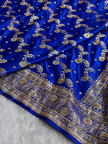 Banarasi Satin Katan Saree With Ari Zardozi Work Jaal Pattern in Royal Blue Shades BSK121