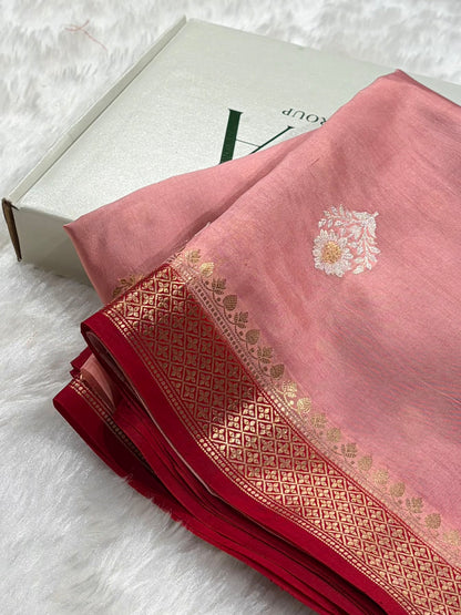 Banarasi Peach With Contrast Maroon Border & Meenakari Boota Handwoven Pure Katan Paper Silk RM-74