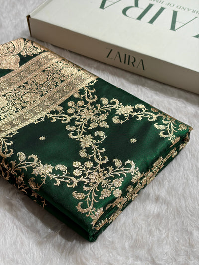 Bottle Green Shades Jaal Pattern Banarasi Satin Silk Saree SS48