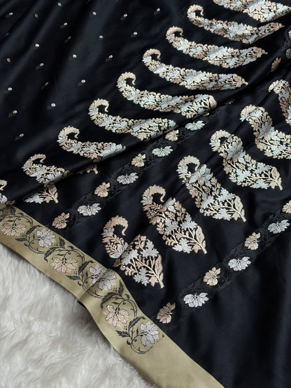Black With Cream Floral Boota With Floral Border Mashru Silk Saree MSM-78