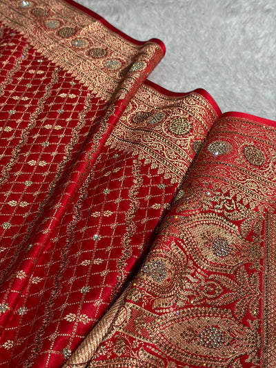 Red Banarasi Brocade With Swarovski Work Soft Katan Silk Saree - BSK44