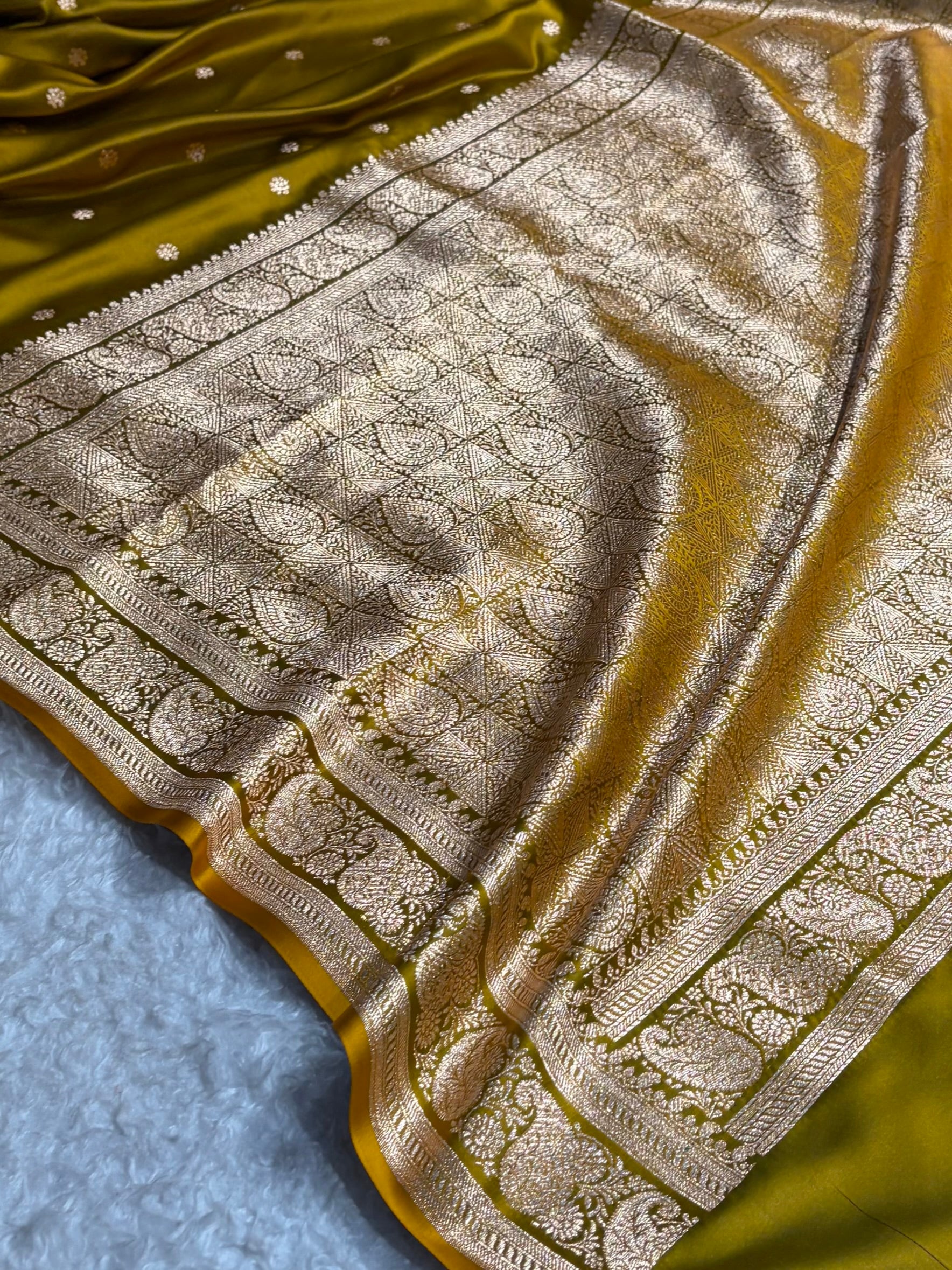 Banarasi Satin Katan Saree With Boota Pattern in Liril Mehendi Shades SK127