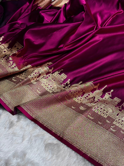 Wine Banarasi Ghat Pattern Satin Katan Silk saree SK33
