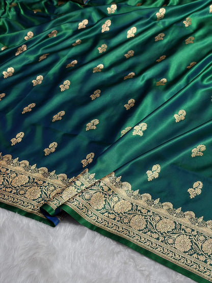 Cross Green Shades Floral Booti Motif Satin Katan Silk saree SK61
