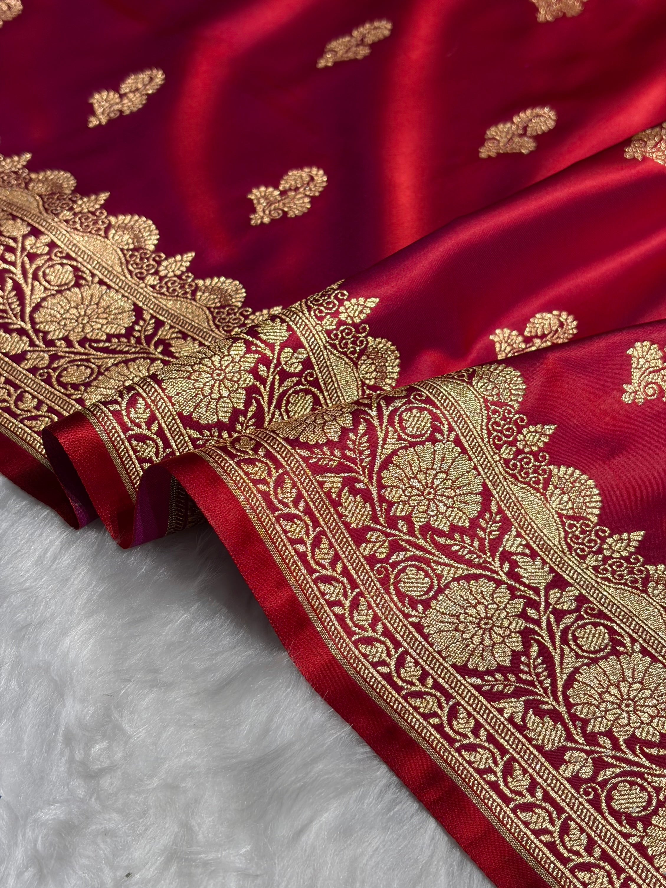 Reddish Magenta Shades Floral Booti Motif Satin Katan Silk saree SK61