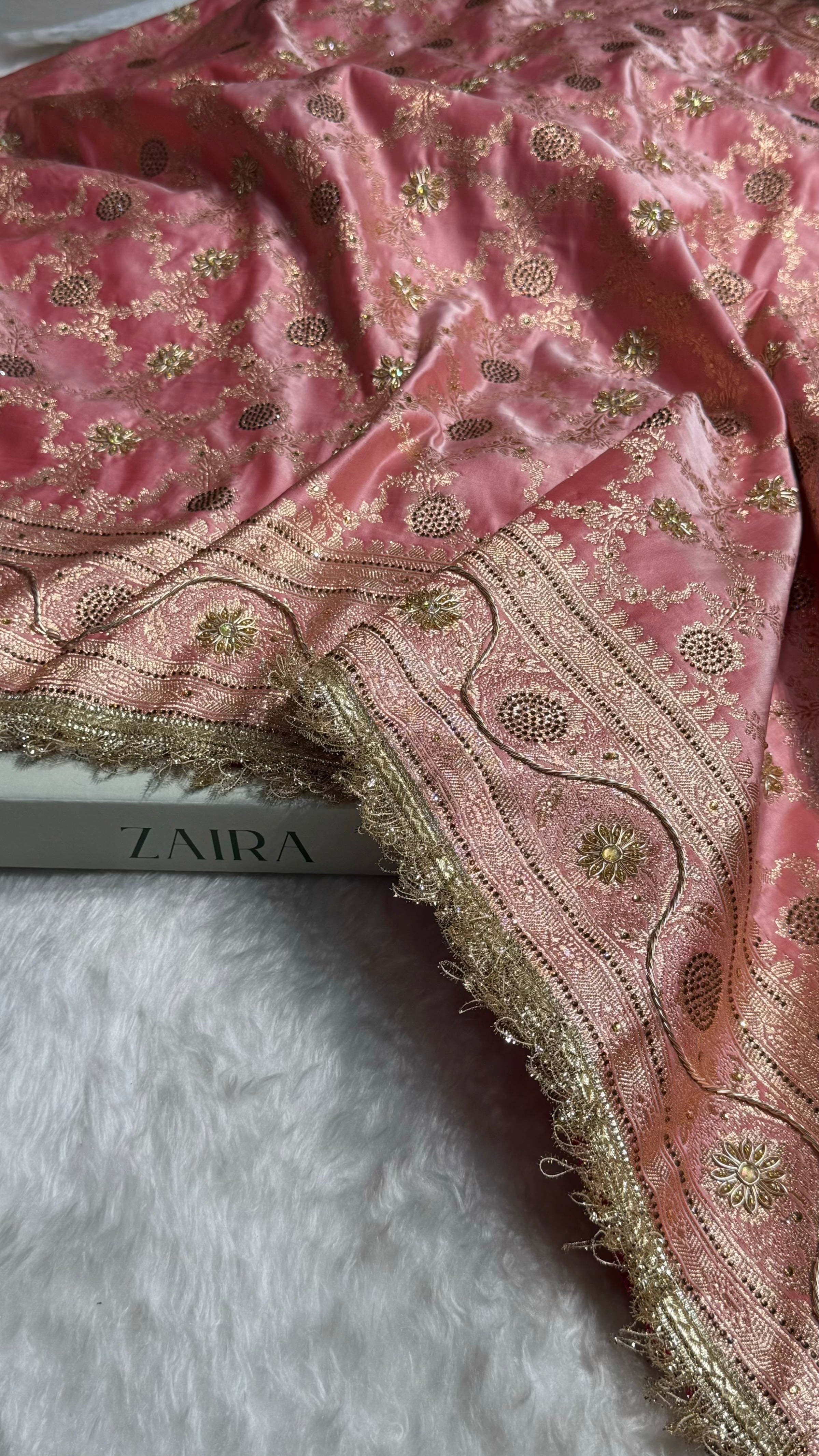 Baby Pink Swavroski & Zardozi Work With Gotta Patti Jaal Pattern Satin Katan Silk Saree BSKGP25