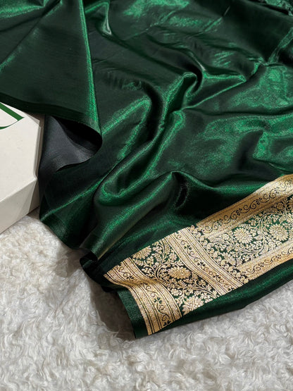 Bottle Green Shades Cross Pattern Banarasi Satin Silk Saree SS40