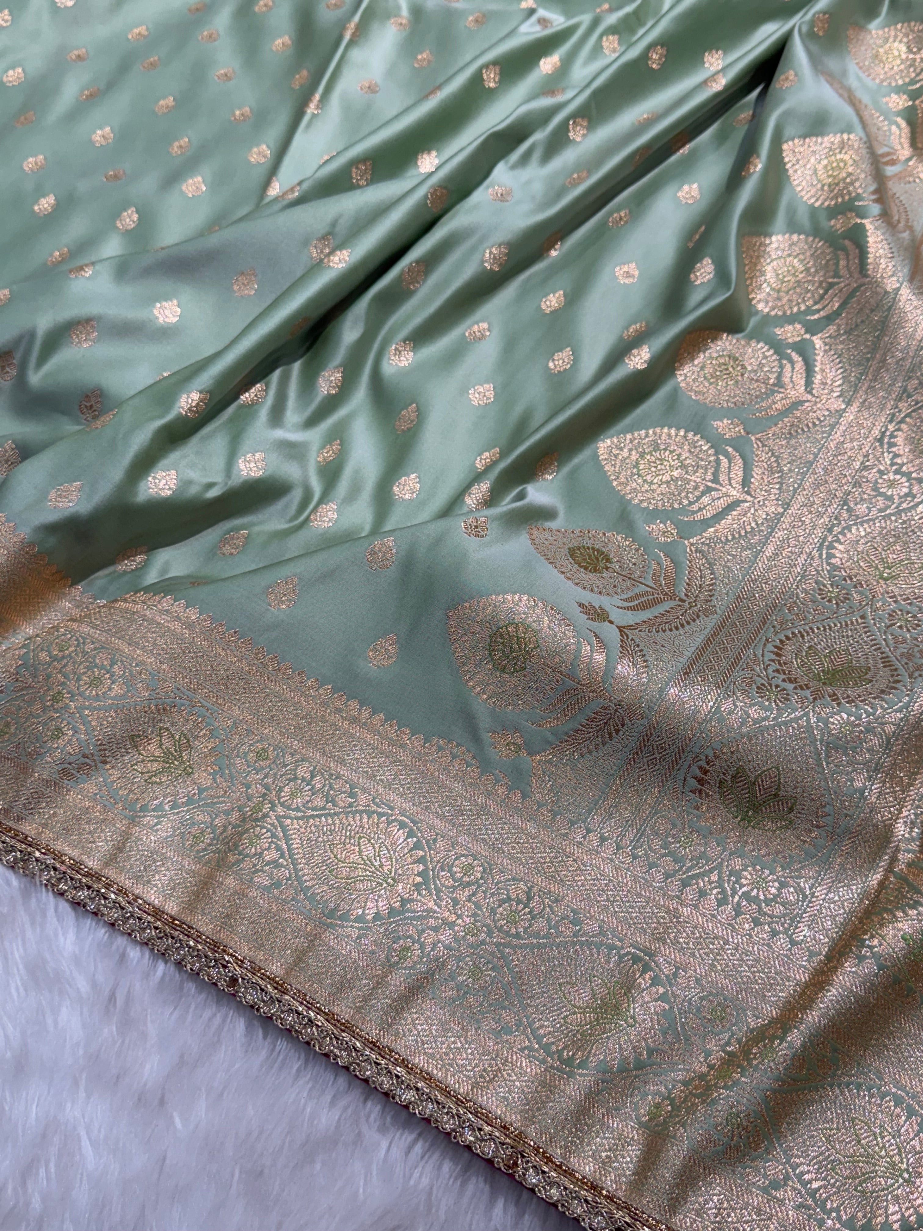 Banarasi Satin Katan Silk Saree In Pastel Pista Shades with gotta Patti