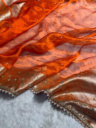 Orange Shades Pure Tissue Silk With Banarasi Swarovski Work Saree with Brocade Blouse BPGPT-08