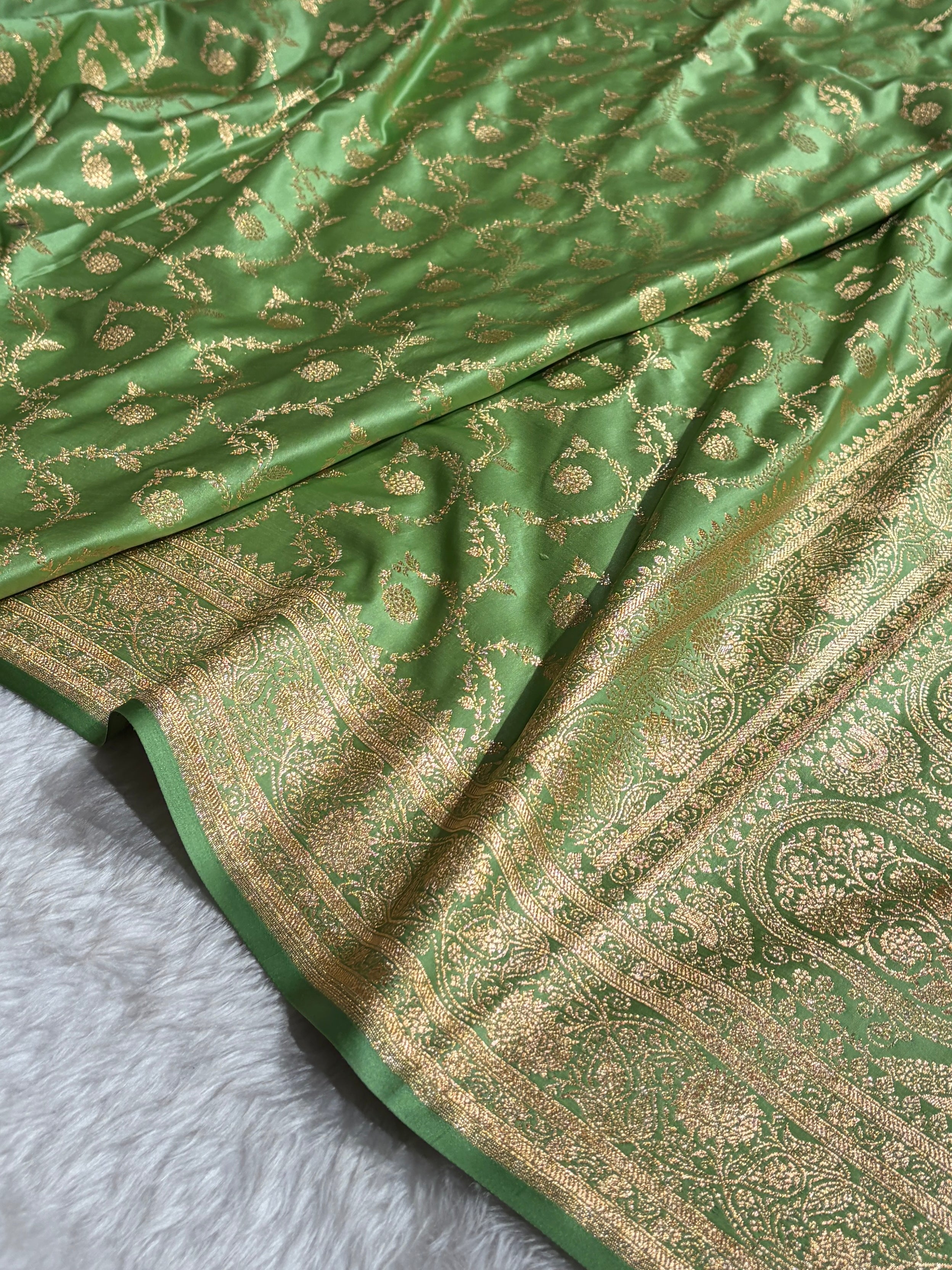 Pista Green Shades Floral Jaal Pattern Satin Katan Silk saree SK55
