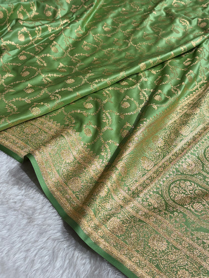 Pista Green Shades Floral Jaal Pattern Satin Katan Silk saree SK55